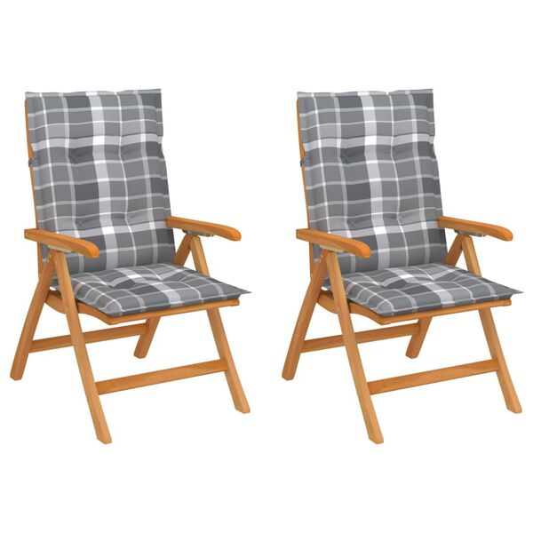 vidaXL Z&aacute;hradn&eacute; stoličky 2 ks siv&eacute; kockovan&eacute; podložky t&iacute;kov&yacute; mas&iacute;v
