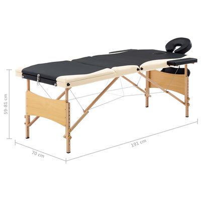 vidaXL Skladací masážny stôl, 3 zóny, drevo, čierno béžový