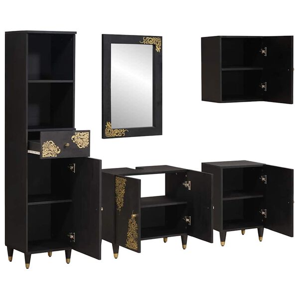 vidaXL Set kabinetov do k&uacute;peľne 5 pcs Čierna Mas&iacute;vne mango drevo