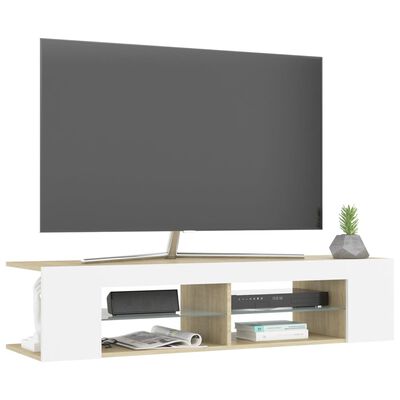 vidaXL TV skrinka s LED svetlami biela a dub sonoma 135x39x30 cm