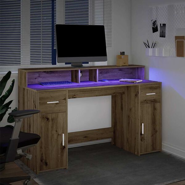 vidaXL Stôl s LED svetlami dub artisan 140x55x91 cm kompozitné drevo