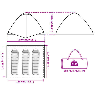vidaXL Kempingový stan, kupola, 3 osoby, zelený, vodoodolný