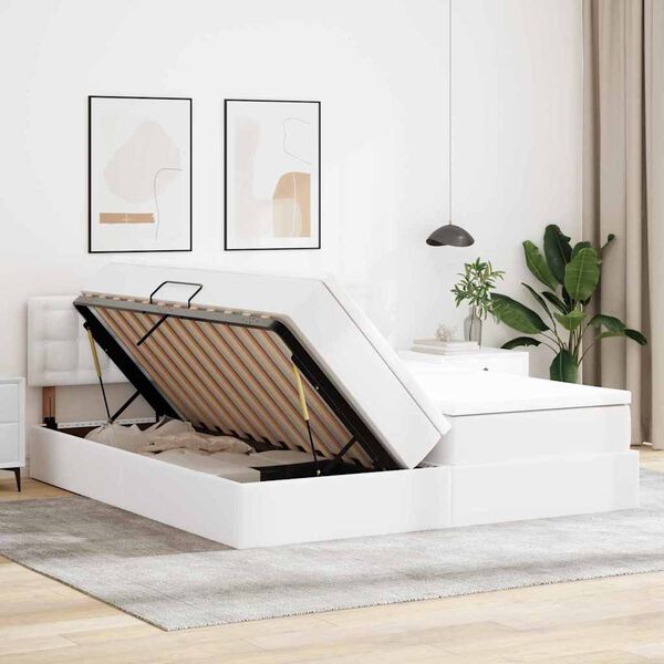 vidaXL Postel s &uacute;ložn&yacute;m prostorem a LED svetlom Čist&aacute; biela Umel&aacute; koža