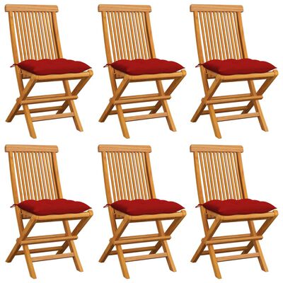 vidaXL Záhradné stoličky s červenými podložkami 6 ks tíkový masív