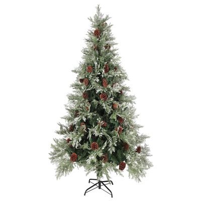 vidaXL Osvetlený vianočný stromček+šišky, zeleno biely 225cm, PVC a PE
