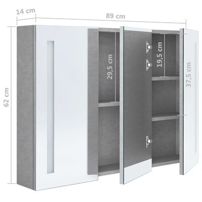 vidaXL LED kúpeľňová zrkadlová skrinka betónovo-sivá 89x14x62 cm
