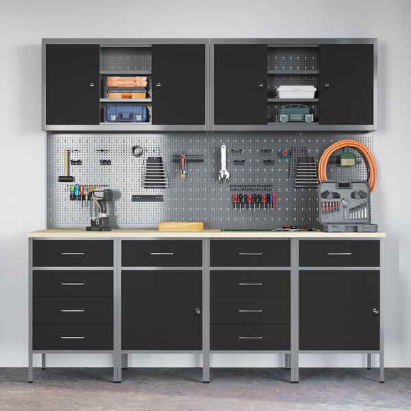 vidaXL Pracovn&aacute; skrinka 10 pcs Čierna Inžinierske drevo a oceľ