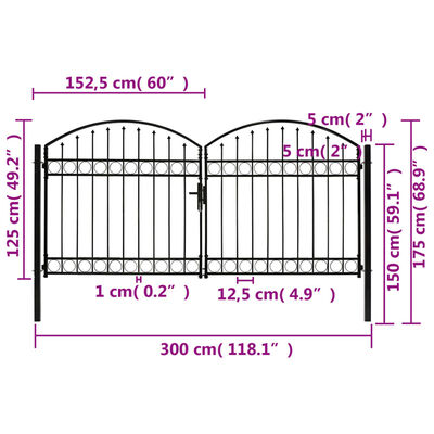 vidaXL Dvojkrídlová plotová brána s oblúkom, oceľ 300x125 cm, čierna