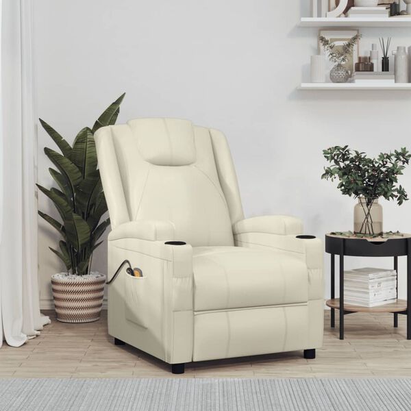 vidaXL Elektrick&eacute; mas&aacute;žne kreslo, kr&eacute;movo biele, umel&aacute; koža