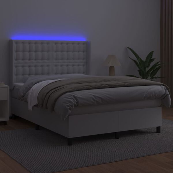 vidaXL Boxspring posteľ s matracom a LED biela 140x190 cm umel&aacute; koža