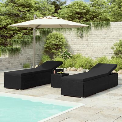 vidaXL 3-dielne záhradné lehátka s čajovým stolíkom čierne polyratanové