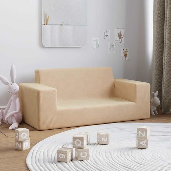 vidaXL 2-miestna detsk&aacute; pohovka kr&eacute;mov&aacute; m&auml;kk&yacute; ply&scaron;