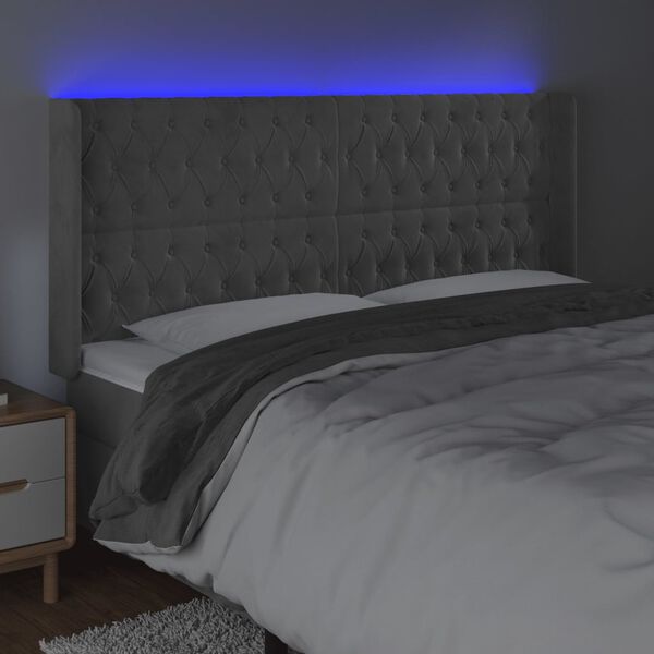 vidaXL Čelo postele s LED bledosiv&eacute; 183x16x118/128 cm zamat