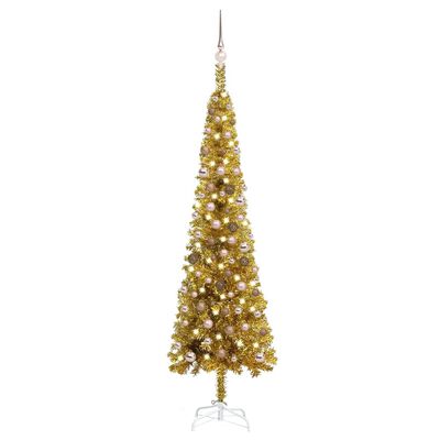 vidaXL Úzky osvetlený vianočný stromček s guľami, zlatý 210 cm