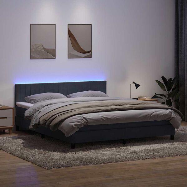 vidaXL Posteľn&yacute; r&aacute;m boxspring s matracom a LED tmavosiv&yacute; 180x210 cm zamat