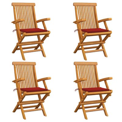 vidaXL Záhradné stoličky, červené podložky 4 ks, tíkový masív