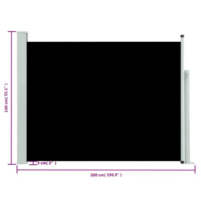 vidaXL Zaťahovacia bočná markíza na terasu 140x500 cm, čierna