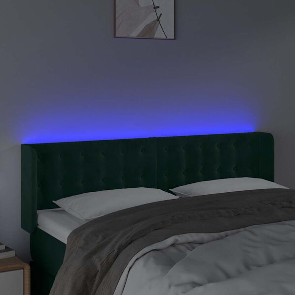 vidaXL Čelo postele s LED tmavozelen&eacute; 147x16x78/88 cm zamat
