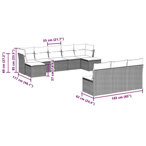 vidaXL 10-dielna záhradná sedacia súprava s vankúšmi polyratanová sivá