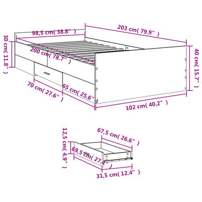 vidaXL Posteľný rám so zásuvkami čierny 100x200 cm kompozitné drevo