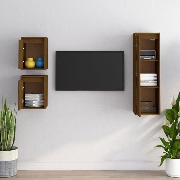 vidaXL TV skrinky 3 ks medovo-hnedá masívna borovica