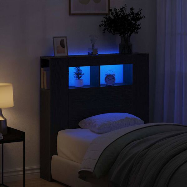 vidaXL LED hlavov&aacute; doska s poličkou Čierny dub 100 x 18,5 x 103,5 cm