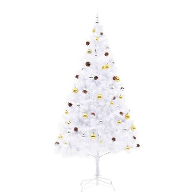 vidaXL Osvetlený umelý vianočný stromček s ozdobami, biely 210 cm