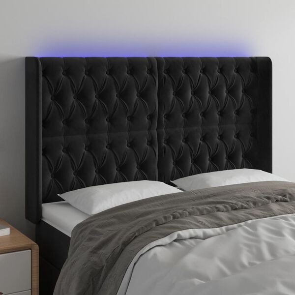 vidaXL Čelo postele s LED čierne 163x16x118/128 cm zamat