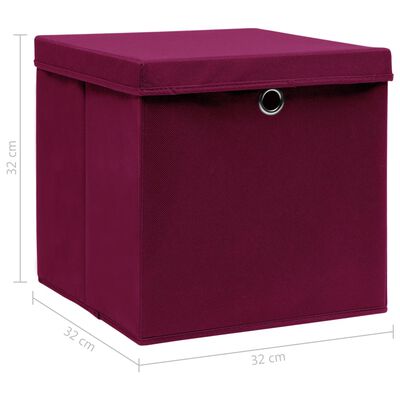 vidaXL Úložné boxy s vekom 4 ks, tmavočervené 32x32x32 cm, látka