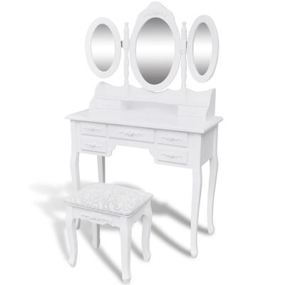 vidaXL Toaletný stolík so stoličkou a 3 zrkadlami, biely