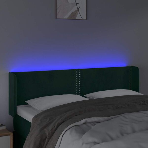 vidaXL Čelo postele s LED tmavozelen&eacute; 147x16x78/88 cm zamat