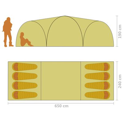 vidaXL Kempingový iglu stan 650x240x190 cm pre 8 osôb, sivo oranžový