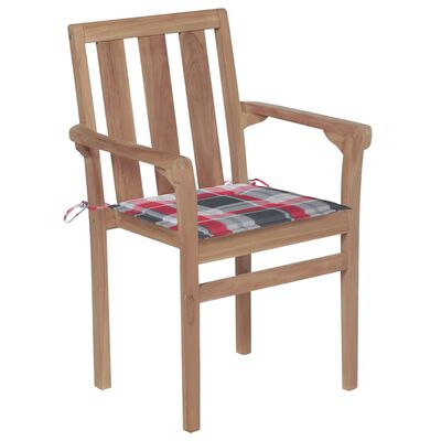 vidaXL Záhradné stoličky 2 ks červené kockové podložky teakový masív