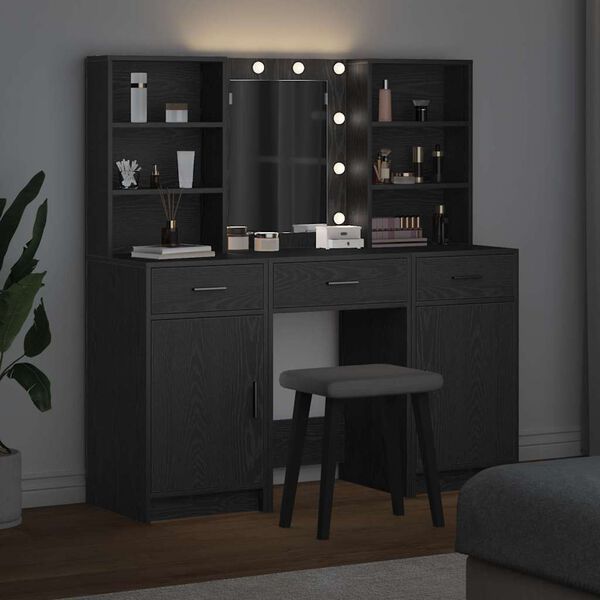 vidaXL S&uacute;prava toaletn&eacute;ho stol&iacute;ka s LED so z&aacute;suvkou 3 pcs Čierny dub