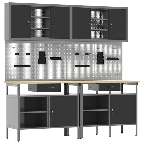 vidaXL Sada pracovn&eacute;ho stola so z&aacute;suvkou s poličkou Čierna Oceľ