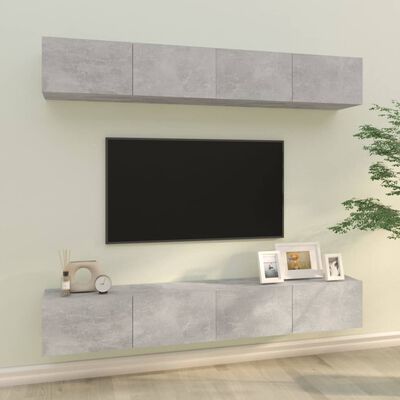 vidaXL Nástenné TV skrinky 4 ks betónové sivé 100x30x30 cm