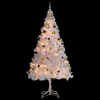 vidaXL Osvetlený umelý vianočný stromček s ozdobami, biely 210 cm