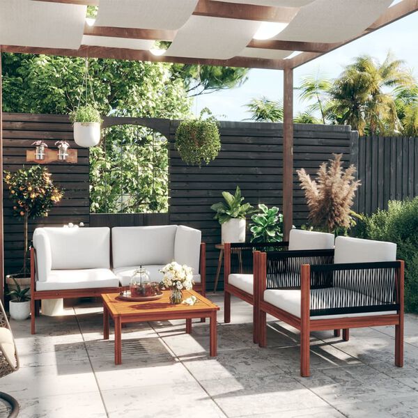 vidaXL 5-dielna záhradná súprava s vankúšmi, krémové drevo, akácia a lano