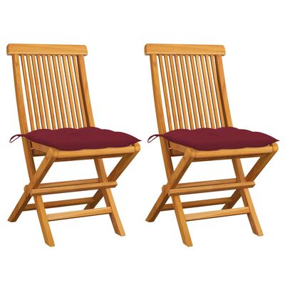 vidaXL Záhradné stoličky s vínovo-červenými podložkami 2 ks tíkový masív