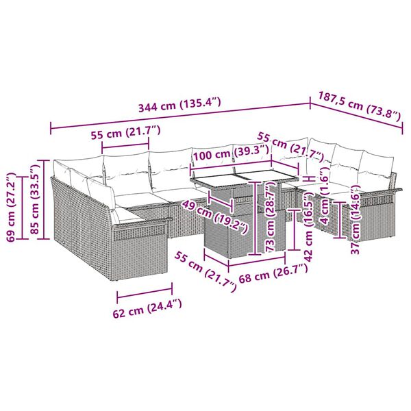 vidaXL Súprava záhradných pohoviek s vankúšom 11 pcs Béžová Poly Ratan