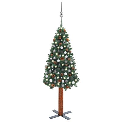 vidaXL Úzky osvetlený vianočný stromček s guľami, zelený 210 cm, PVC
