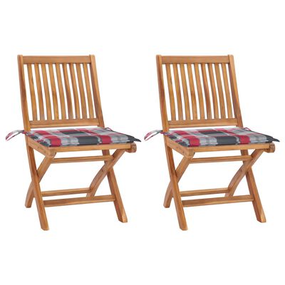 vidaXL Záhradné stoličky 2ks, červené kockované podložky, tíkový masív