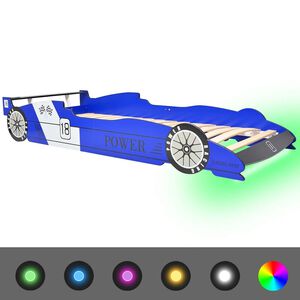 vidaXL Detsk&aacute; posteľ s LED, pretek&aacute;rske auto, 90x200 cm, modr&aacute;