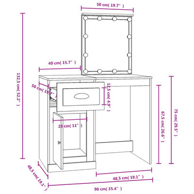 vidaXL Toaletný stolík s LED biely 90x50x132,5 cm spracované drevo