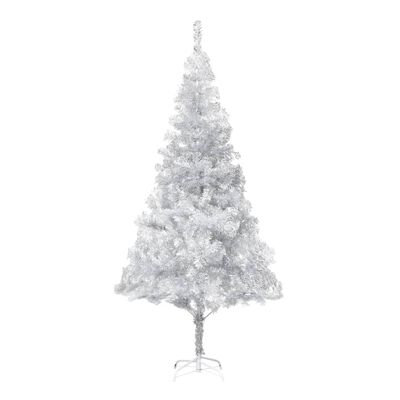 vidaXL Osvetlený umelý vianočný stromček s guľami strieborný 210cm PET