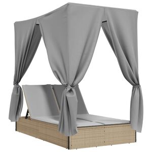 vidaXL Dvojité ležadlo so strieškou a závesmi béžové polyratan