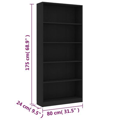 vidaXL Knižnica, 5 políc, čierna 80x24x175 cm, kompozitné drevo