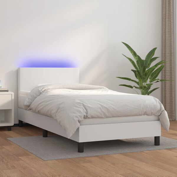 vidaXL Boxspring posteľ s matracom a LED biela 100x200 cm umelá koža