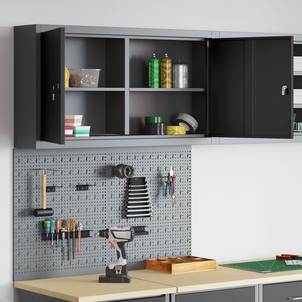 vidaXL Súprava skrinky na náradie a pegboard s poličkou 3 pcs Čierna