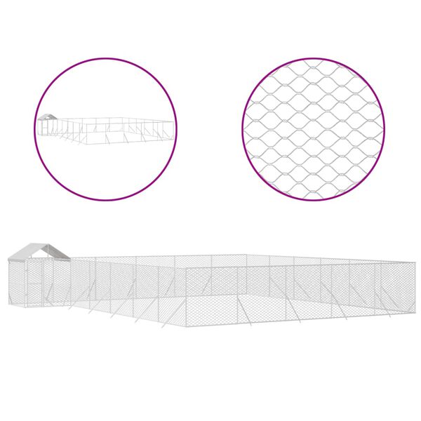 vidaXL Vonkajší koterec pre psov so strechou striebor. 12x12x2,5m oceľ